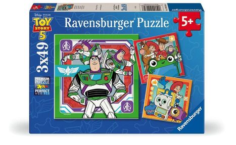 "Ravensburger Puzzle 5+. 3x49. Toy Story" zeigt drei Puzzlebilder von animierten Charakteren wie einem Astronauten und einem Cowboy.