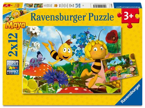 "Ravensburger Puzzle", "2x12", "3+", Biene Maya und Freunde springen fröhlich in einer bunten Wiesenlandschaft.