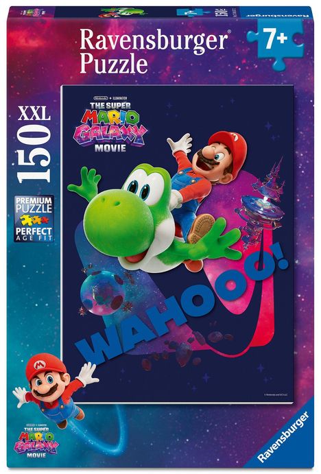 Text: "Ravensburger Puzzle", "150 XXL", "7+", "PREMIUM PUZZLE", "THE SUPER MARIO GALAXY MOVIE", "WAHOOO!" Mario reitet auf Yoshi im Weltall.
