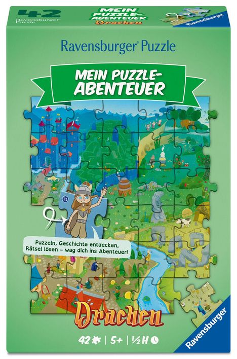 "Mein Puzzle-Abenteuer", "Puzzle, Geschichte entdecken, Rätsel lösen", "Drachen". Illustration: Landschaft, Burg, Kind.