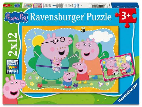 "Peppa Pig Ravensburger Puzzle 2x12. Ab 3+. Ein lächelndes Schweinchen und Familie im Garten, Sonne und Biene im Hintergrund."
