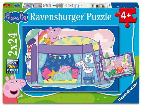 "Peppa Pig Ravensburger Puzzle 4+, 2x24. Illustration von Peppa im Etagenbett mit bunten Sternen und Spielzeug."
