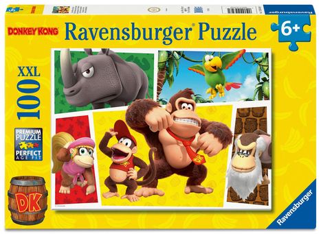 "Donkey Kong Ravensburger Puzzle 6+ XXL 100 Teile" mit Affen und Tieren in bunten Feldern.