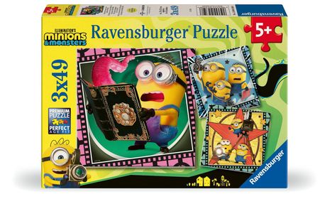 „Ravensburger Puzzle 3x49, Illumination’s Minions & Monsters.“ Motiv: Minions mit Buch und Kamera in Filmrollen-Rahmen.
