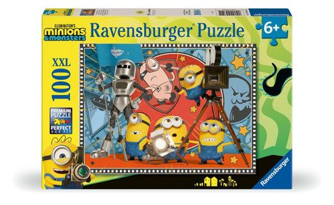 Text: Ravensburger Puzzle, 100 XXL, Premium Puzzle, Perfect Age Fit, 6+. Illustration mit Minions und einem Roboter.