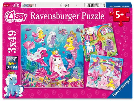 "Ravensburger Puzzle, 3x49 Teile, ab 5 Jahren. Illustration von bunten Meerjungfrauen-Ponys in einer lebendigen Unterwasserwelt."