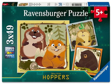 Ravensburger Puzzle, 3x49 Teile, 5+. Illustration: Drei fröhliche Tiere im Wald, darunter ein Biber mit großen Zähnen.