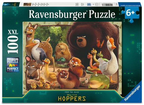 Ravensburger Puzzle, ab 6 Jahren, XXL 100 Teile. Illustration von Tieren, darunter ein Bär, Enten und Schlangen.