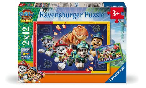 Text: "Ravensburger Puzzle", "2x12", "3+". Illustration: Fröhliche animierte Hunde in Abenteuerausrüstung mit Dinosaurier.