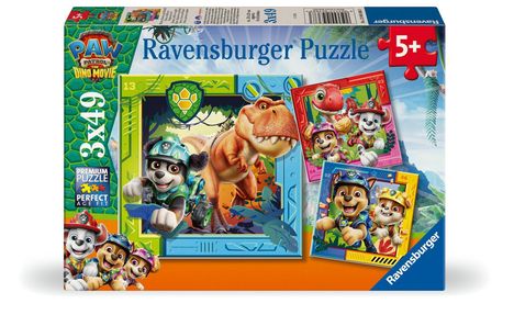 "Ravensburger Puzzle", "3x49", "5+", "PAW Patrol The Dino Movie". Fröhliche Cartoon-Hunde mit Dinosaurier. Bunte Verpackung.