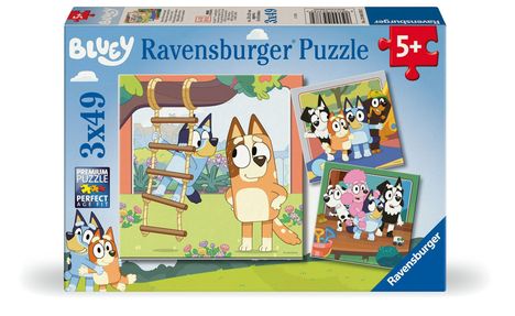 „Bluey Ravensburger Puzzle“, 3x49 Teile, ab 5 Jahren. Illustration von Hunden und einer Strickleiter.