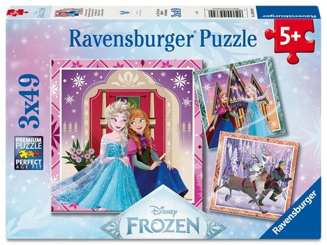 „Ravensburger Puzzle 3x49 Teile, 5+. Disney FROZEN.“ Drei Illustrationen von Charakteren aus dem Film „Frozen“.