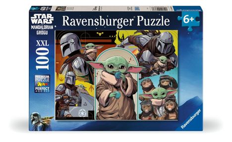 "Star Wars, Mandalorian and Grogu, Ravensburger Puzzle, XXL 100. Illustration von Grogu und dem Mandalorianer in verschiedenen Szenen."