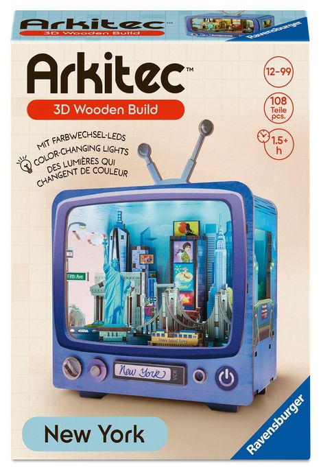 "Arkitec 3D Wooden Build" steht oben; "New York" unten. Das Bild zeigt ein blaues Retro-Fernsehermodell mit New York-Motiven.