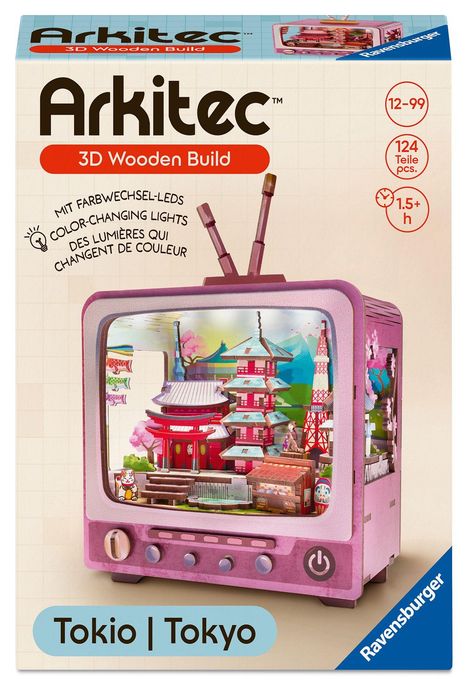 "ArkiTec 3D Wooden Build", 124 Teile, 1.5 Stunden, Farbwechsel-LEDs. Bild eines Retro-Fernsehers mit Tokio-Szene.