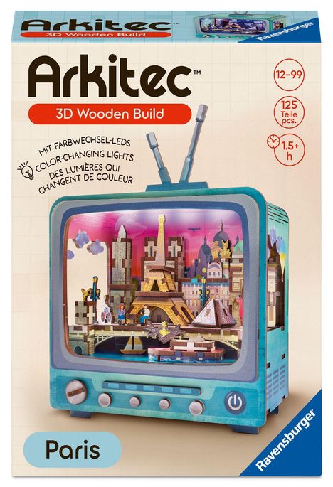 „Arkitec 3D Wooden Build“, „Paris“, „Mit Farbwechsel-LEDs“. Eine Retro-TV-Box zeigt ein Pariser Stadtszenario.
