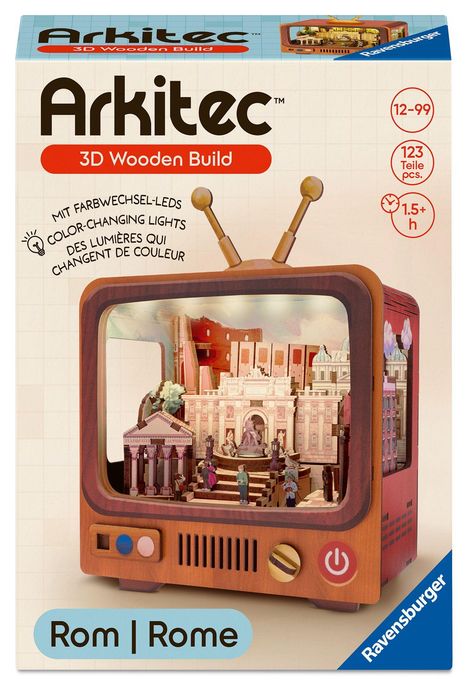 "Arkitec 3D Wooden Build" mit Farbwechsel-LEDs. 123 Teile, 1,5+ Stunden; ab 12 Jahren. Rom-Szene im Retro-TV.