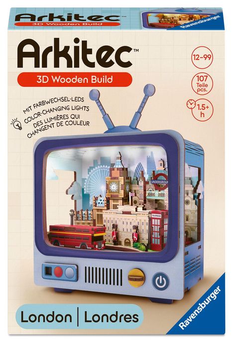 "Arkitec 3D Wooden Build", "12-99", "107 Teile", "1.5+ h", "London | Londres". Ein Fernseher mit Miniatur von London.