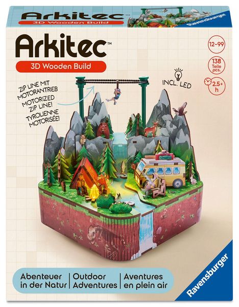 "Arkitec 3D Wooden Build, Zip Line mit Motorantrieb, Abenteuer in der Natur. Illustration einer Waldszene mit Zelt."