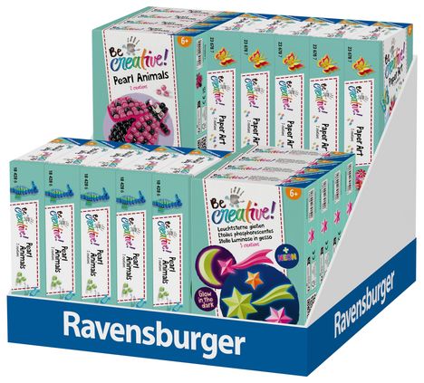 Texte: "Be creative!", "Pearl Animals", "Paper Art", "Glow in the dark", "Ravensburger". Anzeige mit Bastelsets.