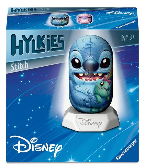 Auf einer Verpackung steht "HYLKIES", "Stitch", "Nr. 37". Eine Puzzelfigur von Stitch auf einem Podest.