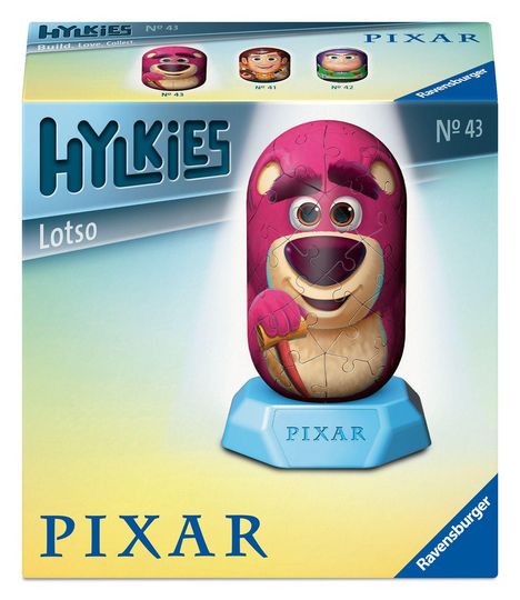 „HYLKIES“ Nr. 43 oben links, „Lotso“ unten links. Ein rosa Bär auf einer blauen Plattform mit „PIXAR“-Schriftzug.