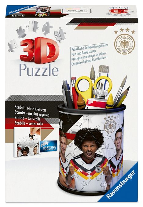 "3D Puzzle", "Stabil – ohne Klebstoff", "Praktische Aufbewahrungsfunktion" zeigen ein Puzzle mit Fußball-Länderspielmotiv.
