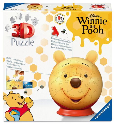 "3D Puzzle", "Winnie the Pooh", "100 years", "Hochwertige Kunststoffteile", "Stabil – ohne Klebstoff". Enthält ein Winnie-Pooh-Gesicht.