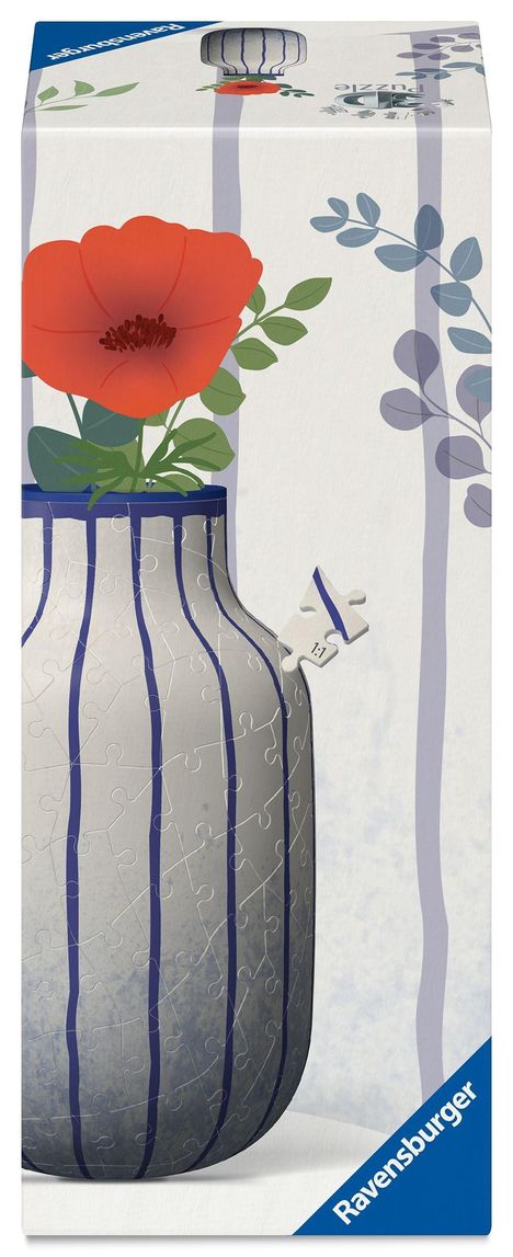 Text: "3D Puzzle", "Ravensburger". Illustration einer roten Blume in einer blau-weiß gestreiften Vase.