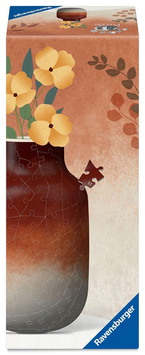 Text: "3D Puzzle", "1:1". Ein zusammengesetztes Puzzle zeigt eine stilisierte Vase mit gelben Blumen und Blättern.