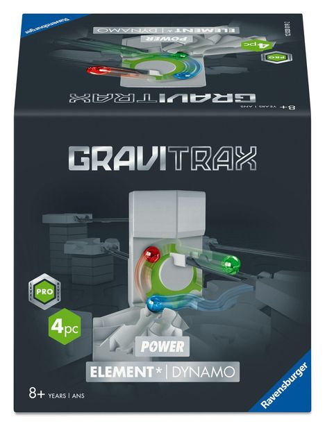 "GRAVITRAX", "ELEMENT * DYNAMO POWER", "4pc", "8+ YEARS". Illustration von bunten Kugeln und dynamischen Elementen.