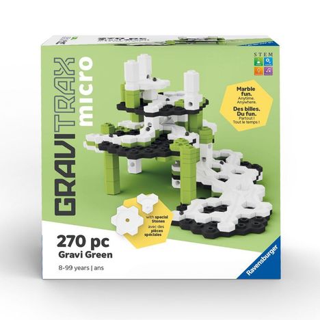 Text: "GRAVITRAX micro", "270 pc", "Gravi Green", "8-99 years", "Marble fun. Anytime. Anywhere.", Logo unten rechts. Darstellung einer Murmelbahn aus weißen, schwarzen und grünen Bausteinen.