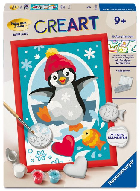 "CREART 9+" steht in großen bunten Buchstaben. Illustration: Pinguin mit roter Mütze, Schneeflocken und ein gelber Fisch.