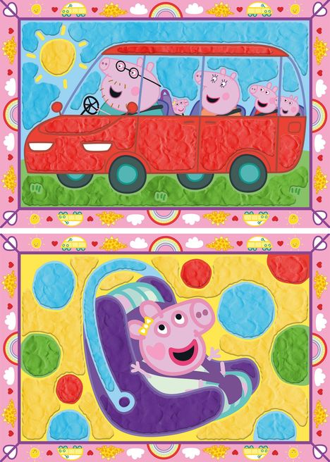 Oben: Rosa Tiere in rotem Auto, bunte Umrandung. Unten: Tier in lilafarbener Babyschale, bunte Punkte.