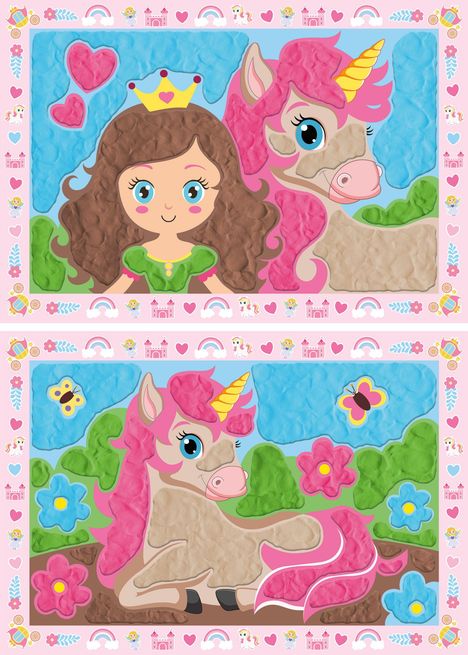 Zwei bunte Illustrationen mit Prinzessin, Einhorn, Blumen, Schmetterlingen und einer verspielten Rahmenverzierung.