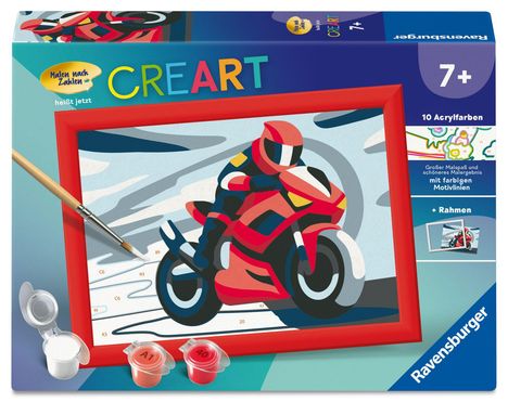 "CREART", "7+", "10 Acrylfarben", "mit farbigen Motivlinien". 
Illustration: Motorradfahrer in kräftigen Farben.