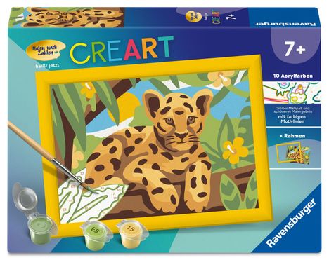 "Malen nach Zahlen heißt jetzt CREART", "7+", "10 Acrylfarben". Illustration: Leopard, Blätter, Blüte. Pinsel, Farbtöpfe.