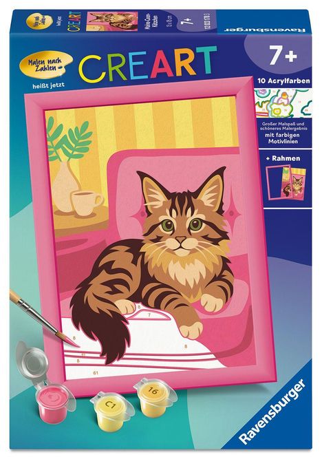 Text: "Malen nach Zahlen heißt jetzt CREAT ART", "7+", "10 Acrylfarben", "+ Rahmen".  
Illustration einer Katze.