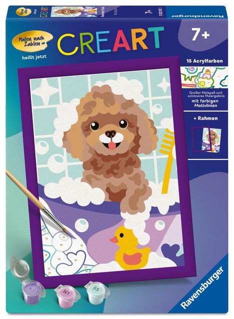 "CReART", "Malen nach Zahlen heißt jetzt", "Großer Malspaß mit farbigen Motivlinien". Illustration: fröhlicher Hund in Badewanne.