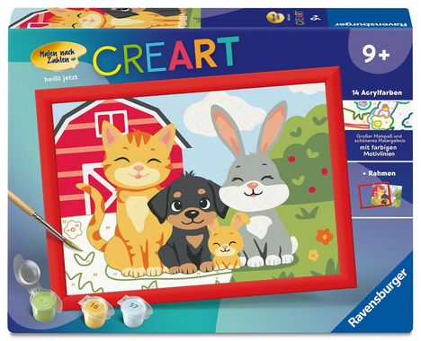 CREART, Malen nach Zahlen, 9+, 14 Acrylfarben. Illustration: Katze, Hund, Hase vor roter Scheune, Malset mit Rahmen.