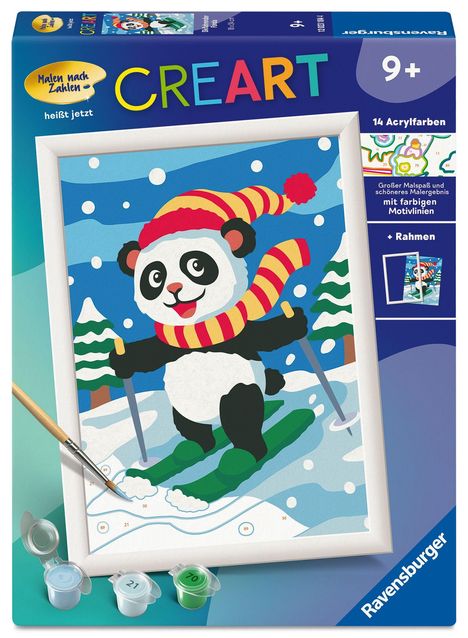 CREART heißt jetzt. 9+. Malen nach Zahlen. Ein fröhlicher Panda auf Skiern im Schnee, trägt Mütze und Schal.