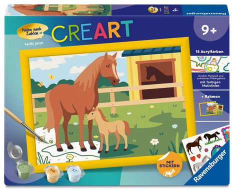 Der Text sagt: "Malen nach Zahlen", "CREART", "9+", "15 Acrylfarben". Illustration eines Pferdes und Fohlens auf einer Wiese.