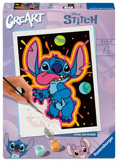 "STITCH | 18 x 24 cm | 2 in 1 | Stitch: Lost in Space | CreArt | Ravensburger." Illustration von Stitch mit Pinseln.