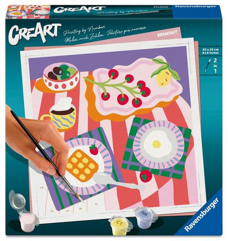 "CREART. Malen nach Zahlen. BREAKFAST. 20 x 20 cm. Kunstwerk mit Frühstücksszenen: Kirschen, Waffel, Ei, Tasse Kaffee."