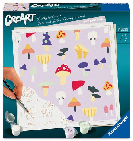 Text: CreArt, Painting by Numbers, Malen nach Zahlen, Mushroom Party. Illustration von bunten Pilzen in verschiedenen Formen.