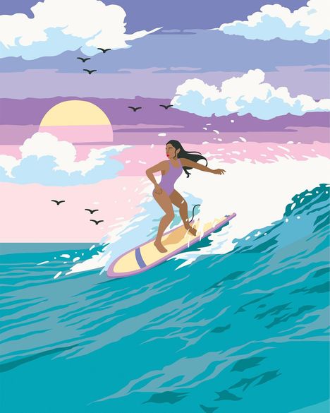 Eine Frau auf einem Surfbrett reitet eine große Welle. Der Himmel ist mit Wolken und Vögeln bedeckt, während die Sonne aufgeht.