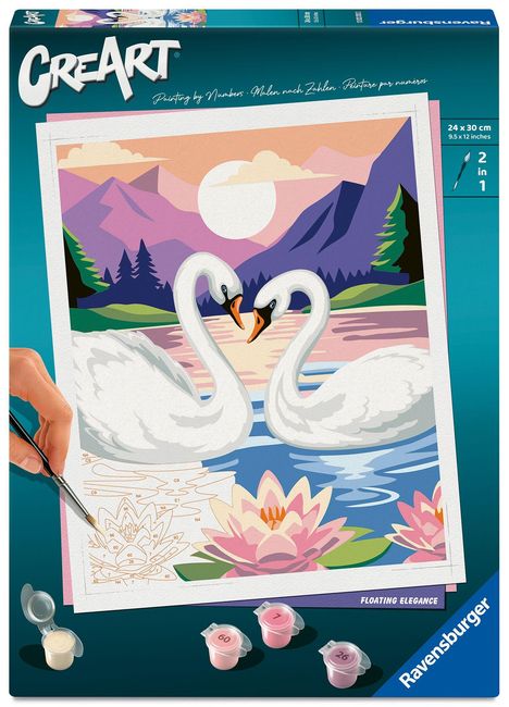 Text: "Painting by Numbers - Malen nach Zahlen; 24 x 30 cm; 2 in 1; FLOATING ELEGANCE." Zwei Schwäne in einer Seelandschaft.