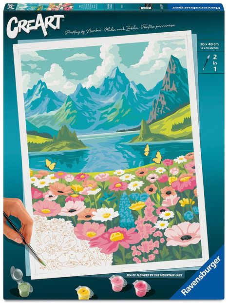 "CreArt" und "Sea of Flowers by the Mountain Lake". Illustration einer Berglandschaft mit Blumen und Schmetterlingen.