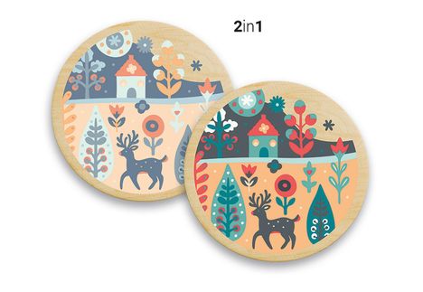Text "2in1". Zwei runde Illustrationen mit Hirschen, Häusern und bunten Pflanzen in einem verspielten Stil.