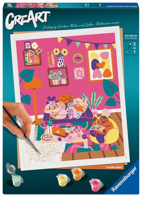 Text: "CREART", "Malen nach Zahlen", "24 x 30 cm", "PYJAMA PARTY". Illustration: Bunte Pyjama-Party-Szene mit Menschen.